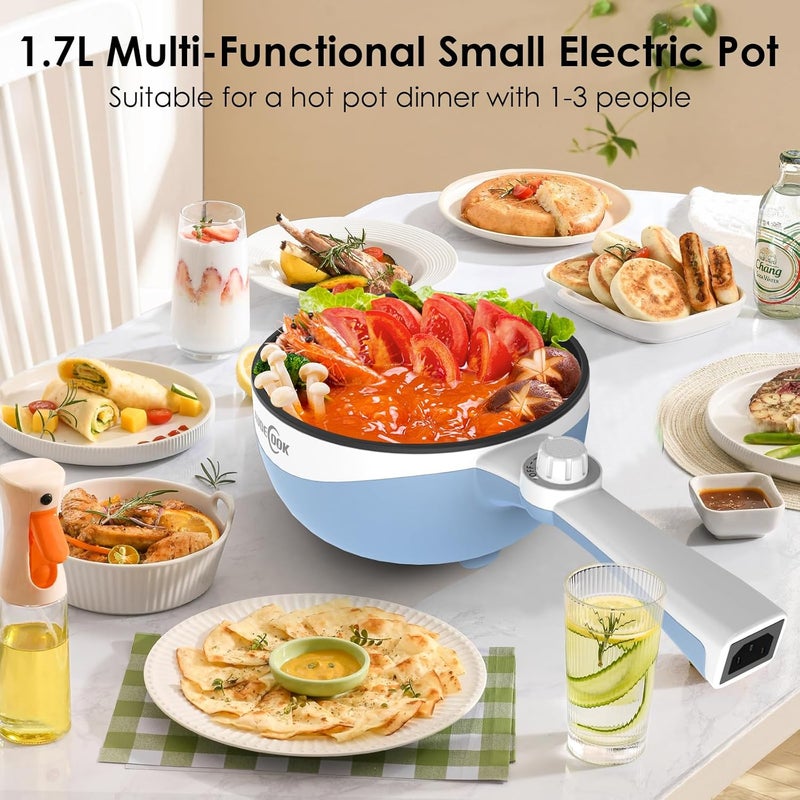 Audecook Hot Pot Electric, 1.7L Mini Electric Skillet Portable Nonstick Sauté Pan with Power Adjustment, Ramen Cooker Travel Multicooker for Steak/Soup/Egg/Oatmeal/Noodles (Tongs for Cooking Included) - Image 4